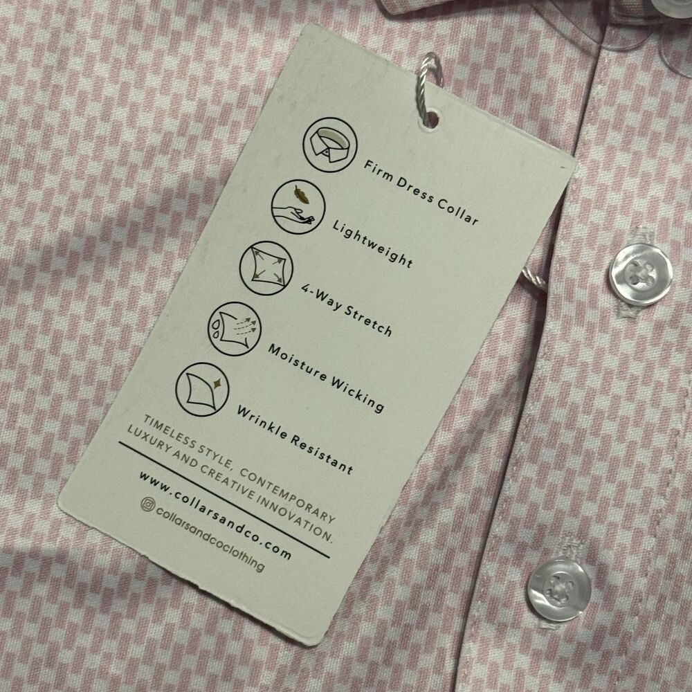 COLLARS & CO Mens Semi Spread Button Collar Polo Vantage Pink White NWT Small - Picture 6 of 8